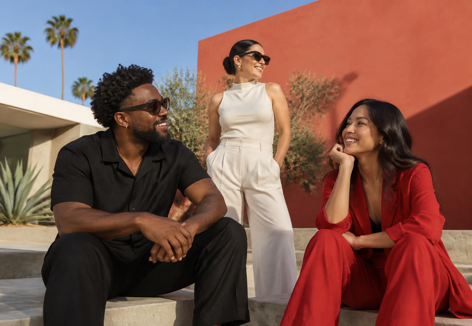 Creative collaborators gathering in a sunlit Los Angeles courtyard